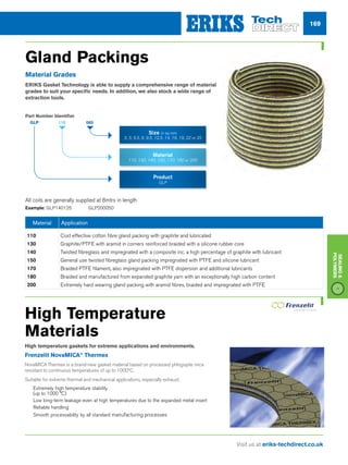 169
Visit us at eriks-techdirect.co.uk
Sealing
Polymers
High Temperature
Materials
High temperature gaskets for extreme applications and environments.
Frenzelit NovaMICA®
Thermex
NovaMICAThermex is a brand-new gasket material based on processed phlogopite mica
resistant to continuous temperatures of up to 1000ºC.
Suitable for extreme thermal and mechanical applications, especially exhaust.
nn Extremely high temperature stability
(up to 1000 °C)
nn Low long-term leakage even at high temperatures due to the expanded metal insert
nn Reliable handling
nn Smooth processability by all standard manufacturing processes
Gland Packings
Material Grades
ERIKS Gasket Technology is able to supply a comprehensive range of material
grades to suit your specific needs. In addition, we also stock a wide range of
extraction tools.
GLP 110 065
Size in sq mm
3, 5, 6.5, 8, 9.5, 12.5, 14, 16, 19, 22 or 25
Material
110, 130, 140, 150, 170, 180 or 200
Product
GLP
All coils are generally supplied at 8mtrs in length
Example: 	GLP140125 	GLP200050	
Part Number Identifier
Material Application
110
130
140
150
170
180
200
Cost effective cotton fibre gland packing with graphite and lubricated
Graphite/PTFE with aramid in corners reinforced braided with a silicone rubber core
Twisted fibreglass and impregnated with a composite inc. a high percentage of graphite with lubricant
General use twisted fibreglass gland packing impregnated with PTFE and silicone lubricant
Braided PTFE filament, also impregnated with PTFE dispersion and additional lubricants
Braided and manufactured from expanded graphite yarn with an exceptionally high carbon content
Extremely hard wearing gland packing with aramid fibres, braided and impregnated with PTFE
 