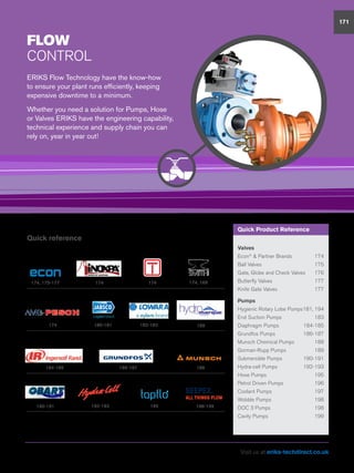 FLOW
CONTROL
Quick reference
ERIKS Flow Technology have the know-how
to ensure your plant runs efficiently, keeping
expensive downtime to a minimum.
Whether you need a solution for Pumps, Hose
or Valves ERIKS have the engineering capability,
technical experience and supply chain you can
rely on, year in year out!
171
Valves
Econ®
 Partner Brands	 174
Ball Valves	 175
Gate, Globe and Check Valves	 176
Butterfly Valves	 177
Knife Gate Valves	 177
Pumps
Hygienic Rotary Lobe Pumps	181, 194
End Suction Pumps	 183
Diaphragm Pumps	 184-185
Grundfos Pumps	 186-187
Munsch Chemical Pumps	 188
Gorman-Rupp Pumps	 189
Submersible Pumps	 190-191
Hydra-cell Pumps	 192-193
Hose Pumps	 195
Petrol Driven Pumps	 196
Coolant Pumps	 197
Wobble Pumps	 198
DOC 3 Pumps	 198
Cavity Pumps	 199
Quick Product Reference
174, 169
184-185
192-193
174, 175-177
174
186-187
195
174
180-181 189
190-191 198-199
174
182-183
188
Visit us at eriks-techdirect.co.uk
 