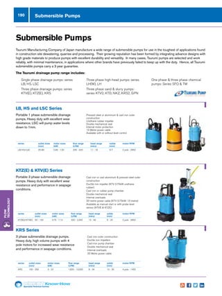 Specialist Technical Centres
Know-How
Flow
Technology
190 Submersible Pumps
LB, HS and LSC Series
Portable 1 phase submersible drainage
pumps. Heavy duty with excellent wear
resistance. LSC will pump water levels
down to 1mm.
KTZ(E)  KTV(E) Series
Portable 3 phase submersible drainage
pumps. Heavy duty with excellent wear
resistance and performance in seapage
conditions.
KRS Series
3 phase submersible drainage pumps.
Heavy duty, high volume pumps with 4
pole motors for increased wear resistance
and performance in seapage conditions.
Tsurumi Manufacturing Company of Japan manufacture a wide range of submersible pumps for use in the toughest of applications found
in construction site dewatering, quarries and processing. Their growing reputation has been formed by integrating advance designs with
high grade materials to produce pumps with excellent durability and versatility. In many cases, Tsurumi pumps are selected and work
reliably, with minimal maintenance, in applications where other brands have previously failed to keep up with the duty. Hence, all Tsurumi
submersible pumps carry a 3 year guarantee.
The Tsurumi drainage pump range includes:
Submersible Pumps
series	 outlet sizes	 motor sizes	 flow range	 head range	 solids	 motor/RPM
	 (mm)	(kW)	 (LPM)	 (mtrs)	 (mm)
LB/HS/LSC	 25-80	 0.48 - 1.50	 205 - 420	 11 - 18	 6-7	 2 pole - 2850
series	 outlet sizes	 motor sizes	 flow range	 head range	 solids	 motor/RPM
	 (mm)	(kW)	 (LPM)	(mtrs)	 (mm)
KTZ(E)/KTV(E)	 50 - 150	 0.75 - 11.0	 320 - 2,440	 14 - 49	 6 - 20	 2 pole - 2850
series	 outlet sizes	 motor sizes	 flow range	 head range	 solids	 motor/RPM
	(mm)	 (kW)	 (LPM)	 (mtrs)	 (mm)
KRS	 100 - 250	 3 - 22	 1,820 - 12,000	 8 - 34	 12 - 30	 4 pole - 1450
nn Pressed steel or aluminium  cast iron outer
construction
nn Urethane rubber impeller
nn Double mechanical seal
nn Internal motor protection
nn 10 Metre power cable
nn Available with or without level control
nn Cast iron or cast aluminium  pressed steel outer
construction
nn Ductile iron impeller (KTV 0.75kW urethane
rubber)
nn Cast iron or rubber pump chamber
nn Double mechanical seal
nn Internal overloads
nn 20 metre power cable (KTV 0.75kW: 10 metre)
nn Available as manual start or with probe level
sensor (KTVE  KTZE)
nn Cast iron outer construction
nn Ductile iron impellers
nn Cast-iron pump chamber
nn Double mechanical seal
nn Internal overloads
nn 20 Metre power cable
nn Single phase drainage pumps: series
LB, HS, LSC
nn Three phase drainage pumps: series
KTV(E), KTZ(E), KRS
nn Three phase high-head pumps: series
LH(W), LH
nn Three phase sand  slurry pumps:
series KTV2, KTD, NKZ, KRS2, GPN
nn One phase  three phase chemical
pumps: Series SFQ  TM
 