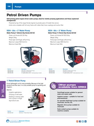 Specialist Technical Centres
Know-How
Flow
Technology
196 Pumps
SEH - 50x – 2 Water Pump
Water Pump 2 (50mm) 4hp Honda GX120
nn Power unit Honda GX120 4hp
nn Weight 24kg
nn Pump type centrifugal, self-priming
nn Maximum output 620 litre/min
nn Maximum head 30m
SEH - 80x – 3 Water Pump
Water Pump 3 (75mm) 5hp Honda GX160
nn Power unit Honda GX160 5.5hp
nn Weight 32kg
nn Pump type centrifugal, self-priming
nn Maximum output 900 litre/min
nn Maximum head 26m
Part No	 Description
WR/050-022	 SHE-50X 2” Petrol Driven Pump
WR/030-390	 2” Suction hose 6 metre
WR/030-306	 2” Layflat delivery hose 1 metre (priced per metre)
Part No	 Description
WR/050-032	 SHE-80X 3” Petrol Driven Pump
WR/030-439	 3” Suction hose 6 metre
WR/030-308	 3” Layflat delivery hose 1 metre (priced per metre)
Petrol Driven Pumps
Self-priming petrol engine driven water pumps, ideal for mobile pumping applications and those unplanned
emergencies!
nn Powered by top of the range Honda engines to provide years of trouble free service
nn Units come complete with full carry frame with rubber feet, hose couplings and suction filter
1 Petrol Driven Pump
A very lightweight unit for easy portability. Because of the high
pressure and flow rate, it is a very suitable pump for sprinkling and
irrigation.
Ideal for:
nn Irrigation applications
nn Pumping of well water
nn Feeding or training water
from a pond or trough
nn Agricultural uses
Part No			 Description
WR/050-003		 SHE-25L 1” Petrol Driven Pump
nn 	Centrifugal pumps suitable for general
water and waste water
nn Hygienic pumps – suitable for food and
pharmaceutical
nn Air operated diaphragm pumps suitable for
chemicals, slurries, etc.
nn Magnetic drive pumps suitable for
chemicals
nn Suds coolant pumps suitable for
machine coolants
Other pumps
available from ERIKS
 