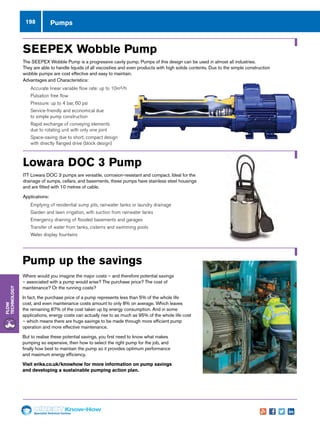 Specialist Technical Centres
Know-How
Flow
Technology
198 Pumps
Lowara DOC 3 Pump
ITT Lowara DOC 3 pumps are versatile, corrosion-resistant and compact. Ideal for the
drainage of sumps, cellars, and basements, these pumps have stainless steel housings
and are fitted with 10 metres of cable.
Applications:
nn Emptying of residential sump pits, rainwater tanks or laundry drainage
nn Garden and lawn irrigation, with suction from rainwater tanks
nn Emergency draining of flooded basements and garages
nn Transfer of water from tanks, cisterns and swimming pools
nn Water display fountains
SEEPEX Wobble Pump
The SEEPEX Wobble Pump is a progressive cavity pump. Pumps of this design can be used in almost all industries.
They are able to handle liquids of all viscosities and even products with high solids contents. Due to the simple construction
wobble pumps are cost effective and easy to maintain.
Advantages and Characteristics:
nn Accurate linear variable flow rate: up to 10m³/h
nn Pulsation free flow
nn Pressure: up to 4 bar, 60 psi
nn Service-friendly and economical due
to simple pump construction
nn Rapid exchange of conveying elements
due to rotating unit with only one joint
nn Space-saving due to short, compact design
with directly flanged drive (block design)
Where would you imagine the major costs – and therefore potential savings
– associated with a pump would arise? The purchase price? The cost of
maintenance? Or the running costs?
In fact, the purchase price of a pump represents less than 5% of the whole life
cost, and even maintenance costs amount to only 8% on average. Which leaves
the remaining 87% of the cost taken up by energy consumption. And in some
applications, energy costs can actually rise to as much as 95% of the whole life cost
– which means there are huge savings to be made through more efficient pump
operation and more effective maintenance.
But to realise these potential savings, you first need to know what makes
pumping so expensive, then how to select the right pump for the job, and
finally how best to maintain the pump so it provides optimum performance
and maximum energy efficiency.
Visit eriks.co.uk/knowhow for more information on pump savings
and developing a sustainable pumping action plan.
Pump up the savings
 