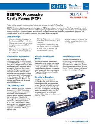 Visit us at eriks-techdirect.co.uk
Flow
Technology
199
Pump configuration
Choosing the right materials of
construction is essential for specific
applications. We have a wide range of
options for casing and hoppers, rotor and
stator materials, sealing options and drive
choice. Whatever you want to do we can
configure the correct pump for you.
SEEPEX Progressive
Cavity Pumps (PCP)
For low and high viscosity products with and without solid particles – we make All Things Flow
SEEPEX develops and produces progressive cavity pumps (PCP), macerators and control systems. We offer products for all market
sectors including water and waste water, food and beverage, biogas, pharmaceutical, oil and gas and many more. Our product groups
have high performance ranges within them. Modular design provides customers with tailor-made pumps for every application. For
complex handling we supply competent consulting, planning and project management.
Pumps for all applications
Low and high viscosity products,
containing soft solids can all be pumped
by SEEPEX PCP. The basic pump action
is low shear, making it ideal for most shear
sensitive food products e.g yeast, yogurt,
jams and pie-fillings etc. Open hopper
pumps transfer high viscosity products,
even whole chickens or mango stones
are pumped by our specialized solutions.
Hygienic ranges which are CIPable are 3A
sanitary standard and comply with FDA
and EHEDG regulations. Abrasive and
corrosive products can also be handled
using SEEPEX pumps.
Low operating costs
Smart Conveying Technology, a patented
development from SEEPEX, enables
internal inspection and rotor and stator
replacement when needed without
pipework removal, reducing maintenance
time by up to 85%. Adjusting the
stator segments restores original pump
performance, extending stator life by
up to 300%. Level control, dry running
protection and over pressure protection
are available from SEEPEX for all pumps
to optimise performance and reduce
operating costs.
Product Groups
nn N Range: standard configuration, for
flowable products 30L/hr - 500m3/hr
nn 	T Range: open hopper with feed auger,
for high viscosity products 50L/hr –
500m3/hr
nn 	D Range: metering pumps accurate to
+/- 1%, for accurate dosing 200ml/
hr – 1000L/hr
nn 	CS range: Hygienic and easy to clean,
for food and pharmaceutical 30L/hr –
130m3/hr
nn 	E range: semi-submersible, for very
high suction lifts 30L/hr – 300m3/hr
nn 	W range: single UJ, effective and
inexpensive up to 10m3/hr
nn 	M range: macerators, for particle size
reduction and pump protection 2m3/
hr – 150m3/hr
Accurate metering and
dosing
Accurate low pulsation linear flow is a
characteristic of our pumps, meaning that
flow rates are controlled by one variable
– pump speed. Simple installation and
calibration without the need for check ball
valves or calibration pots. Smart Dosing
Pumps have intelligent drives for added
control functionality
Versatile in Operation
SEEPEX pumps have an excellent
suction lift – up to 9m as standard and
more if needed using semi-submersible
pumps. They can be installed horizontally
or vertically and run both ‘forwards and
backwards’ enabling filling and emptying
vessels using a single pump. They can
generate pressures up to 144 bar if
needed and operate at temperatures from
-20 °C to 150° C.
 