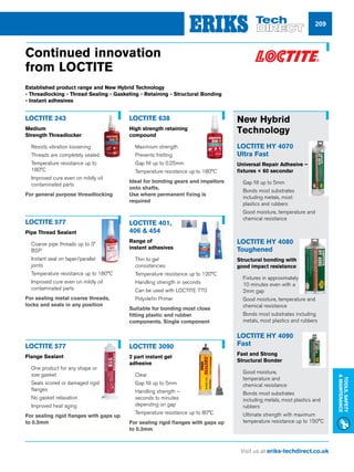 Visit us at eriks-techdirect.co.uk
Tools,Safety
Maintenance
209
Universal Structur
LIMITLES
BONDIN
LIMITLESS
REPAIR
Introducing limitless
for limitless design a
Whatever your industry, Loctite has
Contact us on 01442 278100
LOCTITE 243
Medium
Strength Threadlocker
nn Resists vibration loosening
nn Threads are completely sealed
nn Temperature resistance up to
180°C
nn Improved cure even on mildly oil
contaminated parts
For general purpose threadlocking
LOCTITE HY 4070
Ultra Fast
Universal Repair Adhesive –
fixtures  60 secondsr
nn Gap fill up to 5mm
nn Bonds most substrates
including metals, most
plastics and rubbers
nn Good moisture, temperature and
chemical resistance
LOCTITE HY 4080
Toughened
Structural bonding with
good impact resistance
nn Fixtures in approximately
10 minutes even with a
2mm gap
nn Good moisture, temperature and
chemical resistance
nn Bonds most substrates including
metals, most plastics and rubbers
LOCTITE HY 4090
Fast
Fast and Strong
Structural Bonder
nn Good moisture,
temperature and
chemical resistance
nn Bonds most substrates
including metals, most plastics and
rubbers
nn Ultimate strength with maximum
temperature resistance up to 150°C
LOCTITE 638
High strength retaining
compound
nn Maximium strength
nn Prevents fretting
nn Gap fill up to 0.25mm
nn Temperature resistance up to 180°C
Ideal for bonding gears and impellors
onto shafts.
Use where permanent fixing is
required
LOCTITE 401,
406  454
Range of
instant adhesives
nn Thin to gel
consistencies
nn Temperature resistance up to 120°C
nn Handling strength in seconds
nn Can be used with LOCTITE 770
nn Polyolefin Primer
Suitable for bonding most close
fitting plastic and rubber
components. Single component
LOCTITE 577
Pipe Thread Sealant
nn Coarse pipe threads up to 3”
BSP
nn Instant seal on taper/parallel
joints
nn Temperature resistance up to 180°C
nn Improved cure even on mildly oil
contaminated parts
For sealing metal coarse threads,
locks and seals in any position
LOCTITE 577
Flange Sealant
nn One product for any shape or
size gasket
nn Seals scored or damaged rigid
flanges
nn No gasket relaxation
nn Improved heat aging
For sealing rigid flanges with gaps up
to 0.3mm
LOCTITE 3090
2 part instant gel
adhesive
nn Clear
nn Gap fill up to 5mm
nn Handling strength –
seconds to minutes
depending on gap
nn Temperature resistance up to 80°C
For sealing rigid flanges with gaps up
to 0.3mm
Continued innovation
from LOCTITE
New Hybrid
Technology
Established product range and New Hybrid Technology
- Threadlocking - Thread Sealing - Gasketing - Retaining - Structural Bonding
- Instant adhesives
 