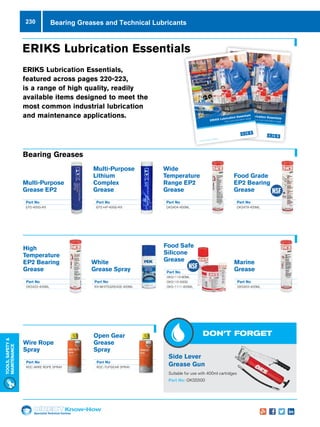 Specialist Technical Centres
Know-How
Tools,Safety
MAintenance
230
White
Grease Spray
Part No
RX-WHITEGREASE-400ML
High
Temperature
EP2 Bearing
Grease
Part No
OKS422-400ML
ERIKS Lubrication Essentials
Open Gear
Grease
Spray
Part No
ROC-TUFGEAR SPRAY
Wire Rope
Spray
Part No
ROC-WIRE ROPE SPRAY
Multi-Purpose
Grease EP2
Part No
EP2-400G-RX
Multi-Purpose
Lithium
Complex
Grease
Part No
EP2-HP-400G-RX
Wide
Temperature
Range EP2
Grease
Part No
OKS404-400ML
Food Grade
EP2 Bearing
Grease
Part No
OKS479-400ML
Marine
Grease
Part No
OKS403-400ML
Food Safe
Silicone
Grease
Part No
OKS1110-80ML
OKS110-500G
OKS-1111-400ML
DON’T FORGET
Side Lever
Grease Gun
Suitable for use with 400ml cartridges
Part No: OKS5500
Bearing Greases and Technical Lubricants
Bearing Greases
ERIKS Lubrication Essentials,
featured across pages 220-223,
is a range of high quality, readily
available items designed to meet the
most common industrial lubrication
and maintenance applications. ERIKS Lubrication EssentialsYour core lubrication rangeERIKS Lubrication Essentials
Your core lubrication range
 