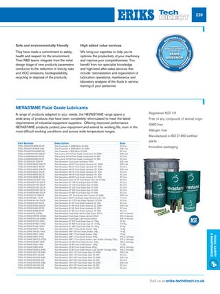 Visit us at eriks-techdirect.co.uk
Tools,Safety
Maintenance
239
NEVASTANE Food Grade Lubricants
A range of products adapted to your needs, the NEVASTANE range spans a
wide array of products that have been completely reformulated to meet the latest
requirements of industrial equipment suppliers. Offering improved performance
NEVASTANE products protect your equipment and extend its working life, even in the
most difficult working conditions and across wide temperature ranges.
Part Number	 Description	 Size
TOTAL-FINAVEST360B-20LTR	 Total Finavestan A 360B White Oil 20ltr	 20 Litre
TOTAL-FINAVESTA360B-208L	 Total Finavestan A 360B White Oil 208ltr	 208 Litre
TOTAL-FINAVESTANA80B-20L	 Total Finavestan A 80B White Oil 20ltr	 20 Litre
TOTAL-LUNARIASH46-208LTR	 Total Lunaria SH 46 Food Grade Compressor Oil 208ltr	 208 Litre
TOTAL-LUNARIASH46-20LTR	 Total Lunaria SH 46 Food Grade Compressor Oil 20ltr	 20 Litre
TOTAL-LUNARIASH68-20LTR	 Total Lunaria SH 68 Food Grade Compressor Oil 20ltr	 20 Litre
TOTAL-N/STANEAF-205LTR	 Total Nevastane Food Grade Antifreeze 205ltr	 205 Litre
TOTAL-N/STANEAW22-208LTR	 Total Nevastane AW 22 Food Grade Hydraulic Oil 208ltr	 208 Litre
TOTAL-N/STANEAW22-20LTR	 Total Nevastane AW 22 Food Grade Hydraulic Oil 22ltr	 22 Litre
TOTAL-N/STANEAW32-208LTR	 Total Nevastane AW 32 Food Grade Hydraulic Oil 208ltr	 208 Litre
TOTAL-N/STANEAW32-20LTR	 Total Nevastane AW 32 Food Grade Hydraulic Oil 20ltr	 20 Litre
TOTAL-N/STANEAW46-20LTR	 Total Nevastane AW 46 Food Grade Hydraulic Oil 20ltr	 20 Litre
TOTAL-N/STANEAW68-20LTR	 Total Nevastane AW 68 Food Grade Hydraulic Oil 20ltr	 20 Litre
TOTAL-N/STANECHAINXT-20L	 Total Nevastane Chain Oil XT Food Grade Chain Oil Xt 20ltr	 20 Litre
TOTAL-N/STANEEP100-20LTR	 Total Nevastane EP 100 Food Grade Gear Oil 20ltr	 20 Litre
TOTAL-N/STANEEP150-20LTR	 Total Nevastane EP 150 Food Grade Gear Oil 20ltr	 20 Litre
TOTAL-N/STANEEP220-20LTR	 Total Nevastane EP 220 Food Grade Gear Oil 20ltr	 20 Litre
TOTAL-N/STANEEP320-20LTR	 Total Nevastane EP 320 Food Grade Gear Oil 20ltr	 20 Litre
TOTAL-N/STANEEP460-20LTR	 Total Nevastane EP 460 Food Grade Gear Oil 20ltr	 20 Litre
TOTAL-N/STANEHTF-208LTR	 Total Nevastane HTF Food Grade Heat Transfer Oil 208ltr	 208 Litre
TOTAL-N/STANESDO-10LTR	 Total Nevastane SDO Food Grade Sugar Dissolving Oil 10ltr	 10 Litre
TOTAL-N/STANESH100-20LTR	 Total Nevastane SH 100 Food Grade Hydraulic Oil 20ltr	 20 Litre
TOTAL-N/STANESH32-20LTR	 Total Nevastane SH 32 Food Grade Hydraulic Oil 20ltr	 20 Litre
TOTAL-N/STANESH46-208LTR	 Total Nevastane SH 46 Food Grade Hydraulic Oil 208ltr	 208 Litre
TOTAL-N/STANESH46-20LTR	 Total Nevastane SH 46 Food Grade Hydraulic Oil 20ltr	 20 Litre
TOTAL-N/STANESH68-20LTR	 Total Nevastane SH 68 Food Grade Hydraulic Oil 20ltr	 20 Litre
TOTAL-N/STANESIL-207ML	 Total Nevastane Food Grade Silicone Safe Guard 207ml	 207 ml Aerosol
TOTAL-N/STANESPGRE-300ML	 Total Nevastane Food Grade Grease Aerosol 300ml	 300 ml Aerosol
TOTAL-N/STANESPLUB-300ML	 Total Nevastane Food Grade Lube Aerosol 300ml	 300 ml Aerosol
TOTAL-N/STANESY220-25KG	 Total Nevastane SY 220 Food Grade Gear Oil 25kg	 25 Kg
TOTAL-N/STANESY460-210KG	 Total Nevastane SY 460 Food Grade Gear Oil 210kg	 210 Kg
TOTAL-N/STANESY460-25KG	 Total Nevastane SY 460 Food Grade Gear Oil 25kg	 25 Kg
TOTAL-N/STANEXMF0-16KG	 Total Nevastane XMF 0 Food Grade Grease 16kg	 16 Kg
TOTAL-N/STANEXMF00-16KG	 Total Nevastane XMF 00 Food Grade Grease 16kg	 16 Kg
TOTAL-N/STANEXMF2-16KG	 Total Nevastane XMF 2 Food Grade Grease 16kg	 16 Kg
TOTAL-N/STANEXMF2-375G	 Total Nevastane XMF 2 Food Grade Grease 375g	 375 g Cartridge
TOTAL-N/STANEXMF2LS-375G	 Total Nevastane XMF 2 Food Grade Grease Lube Shuttle Cartridge 375g	 375 g Cartridge
TOTAL-N/STANEXS320-400G	 Total Nevastane XS 320 Food Grade Grease 400g	 400 g Cartridge
TOTAL-N/STANEXS80-16KG	 Total Nevastane XS 80 Food Grade Grease 16Kg	 16 Kg
TOTAL-N/STANEXS80-400G	 Total Nevastane XS 80 Food Grade Grease 400g	 400 g Cartridge
TOTAL-N/STANEXS80LS-400G	 Total Nevastane XS 80 Food Grade Grease Lube Shuttle Cartridge 400g	 400 g Cartridge
TOTAL-N/STANEXSH150-208L	 Total Nevastane XSH 150 Food Grade Gear Oil 208ltr	 208 Litre
TOTAL-N/STANEXSH150-20L	 Total Nevastane XSH 150 Food Grade Gear Oil 20ltr	 20 Litre
TOTAL-N/STANEXSH220-208L	 Total Nevastane XSH 220 Food Grade Gear Oil 208ltr	 208 Litre
TOTAL-N/STANEXSH220-20L	 Total Nevastane XSH 220 Food Grade Gear Oil 20ltr	 20 Litre
TOTAL-N/STANEXSH320-208L	 Total Nevastane XSH 320 Food Grade Gear Oil 208ltr	 208 Litre
TOTAL-N/STANEXSH320-20L	 Total Nevastane XSH 320 Food Grade Gear Oil 20ltr	 20 Litre
TOTAL-N/STANEXSH460-20L	 Total Nevastane XSH 460 Food Grade Gear Oil 20ltr	 20 Litre
nn Registered NSF H1
nn Free of any compound of animal origin
nn GMO free
nn Allergen free
nn Manufactured in ISO 21469-certiﬁed
plants
nn Innovative packaging
Safe and environmentally friendly
They have made a commitment to safety,
health and respect for the environment.
Their RD teams integrate from the initial
design stage of new products parameters
conducive to the reduction of toxicity risks
and VOC emissions, biodegradability,
recycling or disposal of the products.
High added value services
We bring our expertise to help you to
optimize the productivity of your machinery
and improve your competitiveness. You
benefit from our specialist knowledge
and high-level after-sales services that
include: rationalization and organization of
lubrication operations, maintenance and
laboratory analyses of the fluids in service,
training of your personnel.
Thousands of
products available
to order on
ERIKS
WEBSHOP
SHOP.ERIKS.CO.UK
SHOP.ERIKS
.CO.UKSHOP
.ERIKS.CO.UK
 