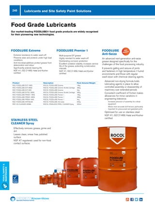 Specialist Technical Centres
Know-How
Tools,Safety
MAintenance
240 Lubricants and Site Safety Paint Solutions
Food Grade Lubricants
Our market-leading FOODLUBE® food grade products are widely recognised
for their pioneering new technologies.
FOODLUBE Extreme
nn 	Extreme resistance to water wash-off
nn 	Prevents wear and protects under high load
conditions
nn 	Anti-microbial additives protect grease from
deterioration and odour
nn 	Significantly extends bearing life
nn NSF H1, ISO 21469, Halal and Kosher
certified
FOODLUBE Premier 1
nn 	Multi-purpose EP grease
nn 	Highly resistant to water wash-off
nn 	Outstanding corrosion protection
nn 	Excellent oxidation stability increases service
life of the grease, extending re-lubrication
intervals
nn NSF H1, ISO 21469, Halal and Kosher
certified
STAINLESS STEEL
CLEANER Spray
nn 	Effectively removes grease, grime and
dirt
nn 	Leaves clean, smear free, polished
surface
nn 	NSF A7 registered: used for non-food
contact surfaces
FOODLUBE
Anti-Seize
An advanced next-generation anti-seize
grease designed specifically for the
challenges of the food processing industry.
It prevents galling and seizure of joints
and fasteners in high temperature / humid
environments and those with regular
wash-down with chemical cleaning agents.
nn Advanced non-drying formula holds
lubricating agents in place to allow
controlled assembly or disassembly of
machinery over extended periods
nn Consistent coefficient of friction makes
allowances for minor variations in
engineering tolerance:
nn Increases precision of assembly for critical
equipment
nn Allows more accurate bolt tension; particularly
important for pressurised and gasketed joints
nn Optimised for use on stainless steel
nn NSF H1, ISO 21469, Halal and Kosher
certified
Product	 Description	 Pack Volume/Weight	
ROC-FOODLUBE-EXT-18KG	 ROCOL FOODLUBE Extreme 	 18kg
ROC-FOODLUBE-EXT-380G	 ROCOL FOODLUBE Extreme Shuttle Cartridge 	 380g
ROC-FOODLUBE-EXT-4KG	 ROCOL FOODLUBE Extreme 	 4kg
ROC-FOODLUBE-EXTSC-380G	 ROCOL FOODLUBE Extreme Shuttle Cartridge 	 380g
ROC-FOODLUBE-PREM1-18KG	 ROCOL FOODLUBE Premier 1 	 18kg
ROC-FOODLUBE-PREM1-380G	 ROCOL FOODLUBE Premier 1 	 380g
ROC-FOODLUBE-PREM1-4KG	 ROCOL FOODLUBE Premier 1 	 4kg
ROC-FOODLUBE-ANTISEIZE	 ROCOL FOODLUBE Anti-seize 	 500g
ROC-SS-CLEANER-400ML	 ROCOL STAINLESS STEEL CLEANER Spray	 400ml
 