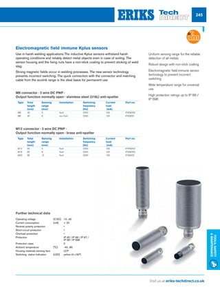 Visit us at eriks-techdirect.co.uk
Tools,Safety
Maintenance
245
Electromagnetic field immune Kplus sensors
Use in harsh welding applications The inductive Kplus sensors withstand harsh
operating conditions and reliably detect metal objects even in case of soiling. The
sensor housing and the fixing nuts have a non-stick coating to prevent sticking of weld
slag.
Strong magnetic fields occur in welding processes. The new sensor technology
prevents incorrect switching. The quick connection with the connector and matching
cable from the ecolink range is the ideal basis for permanent use
M8 connector · 3 wire DC PNP ·
Output function normally open · stainless steel (316L) anti-spatter	
Type	 Total	 Sensing	 Installation	 Switching 	 Current	 Part no.
	 length	range		 frequency	 load
	 (mm)	 (mm)		 [Hz]	 [mA]
M8	40	 3	 flush	 2000	 100	 IFIEW200
M8	 40	 6	 non flush	 2000	 100	 IFIEW20
M12 connector · 3 wire DC PNP ·
Output function normally open · brass anti-spatter	
Type	 Total	 Sensing	 Installation	 Switching 	 Current	 Part no.
	 length	range		 frequency	 load
	 (mm)	 (mm)		 [Hz]	 [mA]
M12	65	 4	 flush	 2000	 100	 IFIFW204
M18	65	 8	 flush	 2000	 100	 IFIGW202
M30	65	 15	 flush	 2000	 100	 IFIIW202
nn 	Uniform sensing range for the reliable
detection of all metals
nn Robust design with non-stick coating
nn Electromagnetic field immune sensor
technology to prevent incorrect
switching
nn Wide temperature range for universal
use
nn High protection ratings up to IP 68 /
IP 69K
Further technical data
Operating voltage	 [V DC]	 10...30
Current consumption	 [mA]	  20
Reverse polarity protection		 •
Short-circuit protection		 •
Overload protection		 •
Protection		 IP 65 / IP 66 / IP 67 /
		 IP 68 / IP 69K
Protection class		 II
Ambient temperature	 [°C]	 -40...85
Housing materials sensing face		 LCP
Switching status indication	 [LED]	 yellow (4 x 90°)
 