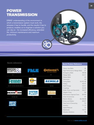 POWER
TRANSMISSION
Quick reference
ERIKS’ understanding of the environment in
which a transmission system must work, the
stresses it has to handle, and the results it has to
produce, enables us to engineer a solution you
can rely on - for increased efficiency, extended
life, minimum maintenance and maximum
productivity.
33
Quick reference
Classic Vee Belts 	 36
High Performance Wedge Belts	 37
Emergency Belts	 38-39
Wedge Belts	 40-41
Ribbed Belts	 42
Tensioners	43
Timing Belts	 44-45, 48
Pulleys	46-47
Shaft Fixings	 49-51
Couplings 	 52-55
Roller Chain and Sprockets	 56-57
Adapter Chain	 58
Performance Special Chain	 60-63
Chain Accessories	 64
Electric Motors	 65, 68-69
Drives and Rollers	 66-67
Total Cost of Ownership	 70
Inverters	71-73
Speed Reducer	 74
Gearboxes	75-77
Vibration Solutions	 78
Quick Product Reference
RIALEVOLUTION
forenergysavings
dlongerchainlife
68
36-47, 49-53, 56-58, 69-77
54-55, 59
54 48
66-67
66
65
60-64
78
Visit us at www.eriks.co.uk
 