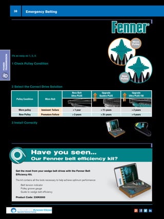 38
Specialist Technical Centres
Know-How
Power
Transmission
Emergency Belting
Fenner Drive
Alignment Laser
Product Ref: FEN/A/230L0000
Belt Efficiency Kit
Product Ref:
FEN_BELT_MAINT_KIT
70% of belt drives are estimated to be operating inefficiently
and are in imminent danger of failing.
By taking a proactive stance to belt drive maintenance and looking at the condition of the
belt and pulley set then you can bring both peace of mind and productivity improvements.
It’s as easy as 1, 2, 3.
1 Check Pulley Condition
The drive stands or falls by the accuracy of its installation, so don’t forget to check the
condition of your pulleys – 50% of new belts are fitted to worn pulleys, which can waste
up to 10% of your energy input.
The Fenner groove gauge can quickly help you assess the health of your pulleys.
2 Select the Correct Drive Solution
3 Simple Steps to Increase
Productivity
Pulley Condition Worn Belt
New Belt
Ultra PLUS
Upgrade
Quattro PLUS
Upgrade
Ultra PLUS 150
Worn pulley Imminent Failure  1 year  1½ years  2 years
New Pulley Premature Failure  3 years  3½ years  4 years
3 Install Correctly
Correct installation once you have carefully selected your belt drive components is
paramount to the longevity and efficiency of your belt drive. We are able to offer you a range
of installation tools to help you maximise productivity and uptime.
Worn
Pulley
New
Pulley
Have you seen...
Our Fenner belt efficiency kit?
Get the most from your wedge belt drives with the Fenner Belt
Efficiency Kit.
The kit contains all the tools necessary to help achieve optimum performance:
nn Belt tension indicator
nn Pulley groove gauge
nn Guide to wedge belt efficiency
Product Code: 230K0000
 