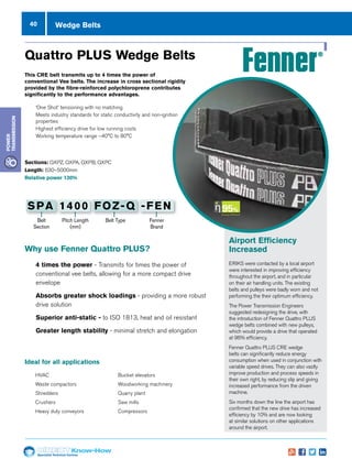 40
Specialist Technical Centres
Know-How
Power
Transmission
Wedge Belts
Quattro PLUS Wedge Belts
nn ‘One Shot’ tensioning with no matching
nn Meets industry standards for static conductivity and non-ignition
properties
nn Highest efficiency drive for low running costs
nn Working temperature range –40°C to 80°C
This CRE belt transmits up to 4 times the power of
conventional Vee belts. The increase in cross sectional rigidity
provided by the fibre-reinforced polychloroprene contributes
significantly to the performance advantages.
www.fptgroup.com
nn HVAC
nn Waste compactors
nn Shredders
nn Crushers
nn Heavy duty conveyors
Ideal for all applications
Why use Fenner Quattro PLUS?
nn Bucket elevators
nn Woodworking machinery
nn Quarry plant
nn Saw mills
nn Compressors
Sections: QXPZ, QXPA, QXPB, QXPC
Length: 630–5000mm
Relative power 130%
Airport Efficiency
Increased
ERIKS were contacted by a local airport
were interested in improving efficiency
throughout the airport, and in particular
on their air handling units. The existing
belts and pulleys were badly worn and not
performing the their optimum efficiency.
The Power Transmission Engineers
suggested redesigning the drive, with
the introduction of Fenner Quattro PLUS
wedge belts combined with new pulleys,
which would provide a drive that operated
at 96% efficiency.
Fenner Quattro PLUS CRE wedge
belts can significantly reduce energy
consumption when used in conjunction with
variable speed drives. They can also vastly
improve production and process speeds in
their own right, by reducing slip and giving
increased performance from the driven
machine.
Six months down the line the airport has
confirmed that the new drive has increased
efficiency by 10% and are now looking
at similar solutions on other applications
around the airport.
Belt
Section
Pitch Length
(mm)
Belt Type Fenner
Brand
SPA 1400 FOZ-Q -FEN
nn 4 times the power - Transmits for times the power of
conventional vee belts, allowing for a more compact drive
envelope
nn Absorbs greater shock loadings - providing a more robust
drive solution
nn Superior anti-static - to ISO 1813, heat and oil resistant
nn Greater length stability - minimal stretch and elongation
 