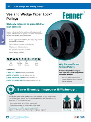 46
Specialist Technical Centres
Know-How
Power
Transmission
Vee, Wedge and Timing Pulleys
Belt
Section
Pitch Dia.
(mm)
No. of
Grooves
Fenner
Brand
S P A 5 0 0 X 5 - F E N
Available in:
Z, SPZ, XPZ, QXPZ from 56–630mm pitch dia.
A, SPA, XPA, QXPA from 80–800mm pitch dia.
B, SPB, XPB, QXPB, USPB from 112–1000mm dia.
C, SPC, XPC, QXPC, USPC from 200–1250mm pitch dia.
Vee and Wedge Taper Lock®
Pulleys
Statically balanced to grade G6.3 for
high accuracy
www.fptgroup.com
Why Choose Fenner
Friction Pulleys
Available with pilot bore fixings or
using Taper Lock® shaft fixings system
for ultimate versatility.
nn Manufactured to ISO standards
nn Surface treated to reduce corrosion
nn Specials available
Superior material specification and design allows guaranteed
Superior performance at rim speeds up to 40m/s. Designed for
use with both Vee and Wedge section belts.
nn Dual duty grooves to ISO 4183, dual duty pulleys accept
both wedge and vee belts
nn High grade cast iron used for construction
nn All pulleys are statically balanced
nn Rim speeds to a maximum of 40m/s
nn Special designs available
Save Energy, Improve Efficiency...
Your belt drive stands or falls by the accuracy of its installation, so don’t forget to check
the condition of your pulleys. 50% of new belts are fitted to worn pulleys, which can
waste up to 10% of your energy input.
n Worn pulleys waste up to 10% of energy input
n Check yours now with the Fenner pulley groove gauge
Request your free pulley groove gauge today!
http://knowhow.eriks.co.uk/fenner-groove-gauge-request Worn Pulley New Pulley
 