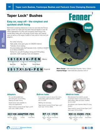 50
Specialist Technical Centres
Know-How
Power
Transmission
Taper Lock Bushes, Trantorque Bushes and FenLock Cone Clamping Elements
Bolt-on
Hub
B F 2 5 - F E N
Bush Size Keyway
KM for Metric
PM for Plain
Fenner BrandConstant
2517 KM -ADAPTOR -FEN WH 25 HUBS -FEN
Adaptors
n 	For use with parallel bore
eliminating the cost of drilling,
tapping and taper boring
n 	Keyed version also available for
heavy duty applications
n 	Taper bored to receive 4-hole Taper Lock®
bush sizes 1008 to 4040
Bolt-on hubs
n 	A convenient means to secure fan rotors,
steel pulleys, plate sprockets, impellers
etc to a shaft
n 	Welding not necessary
n 	Taper bored to receive 4-hole Taper Lock®
bush sizes 1210 to 3040
Weld-on hubs
n 	Manufactured from steel to provide
convenient means to secure fan rotors,
steel pulleys, plate sprockets, impellers
etc to a shaft
n 	Shouldered outer diameter allows for easy
location
n	 Taper bored to receive 4-hole Taper Lock®
bush sizes 1210 to 5040
Bush Size
(1st
 2nd
digits of bush
size)
Fenner Brand Weld-on
Hub
Bush Size
(1st
 2nd
digits of bush
size)
Fenner BrandConstant
Taper Lock®
Bushes
Easy on, easy off - the simplest and
quickest shaft fixing
www.fptgroup.com
Machined to exacting tolerances in cast iron and steel, the Fenner
Taper Lock® four hole bush has been tried and tested in over 40
million applications. It is the most successful shaft fixing in the
market place today with a full range of both metric and imperial
sizes as well as a full range of weld-on hubs, bolt-on hubs and hub
adaptors.
nn No costly re-boring
nn High grade, close grain grey iron (GG25) material
nn Tolerates shock loading
nn Accommodates wide shaft diameter limits +0.05mm (0.002”)
to 0.125mm (0.005”)
nn Perfect for use with V-pulleys, timing and HTD pulleys,
sprockets, shaft couplings, hubs and adaptors
Metric Range: 1008–5050 Bore Diameter 16mm–125mm
Imperial Range: 1008–5050 Bore Diameter 3/8–5
Bush Size Bore Size Fenner Brand
1 6 1 0 X 3 8 - F E N
2 5 1 7 X1.5/8 - F E N
Metric
Imperial
Simple
 