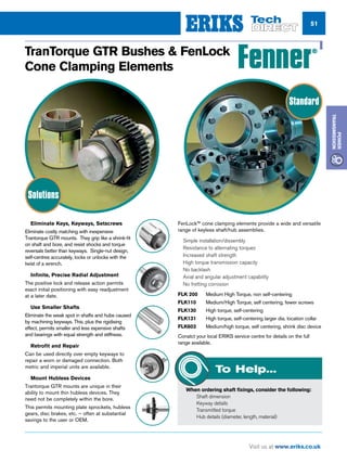51
Visit us at www.eriks.co.uk
Power
Transmission
n Eliminate Keys, Keyways, Setscrews
Eliminate costly matching with inexpensive
Trantorque GTR mounts. They grip like a shrink-ﬁt
on shaft and bore, and resist shocks and torque
reversals better than keyways. Single-nut design,
self-centres accurately, locks or unlocks with the
twist of a wrench.
n Inﬁnite, Precise Radial Adjustment
The positive lock and release action permits
exact initial positioning with easy readjustment
at a later date.
n Use Smaller Shafts
Eliminate the weak spot in shafts and hubs caused
by machining keyways. This, plus the rigidising
effect, permits smaller and less expensive shafts
and bearings with equal strength and stiffness.
n Retroﬁt and Repair
Can be used directly over empty keyways to
repair a worn or damaged connection. Both
metric and imperial units are available.
n Mount Hubless Devices
Trantorque GTR mounts are unique in their
ability to mount thin hubless devices. They
need not be completely within the bore.
This permits mounting plate sprockets, hubless
gears, disc brakes, etc. – often at substantial
savings to the user or OEM.
FenLock™ cone clamping elements provide a wide and versatile
range of keyless shaft/hub assemblies.
n Simple installation/dissembly
n Resistance to alternating torques
n Increased shaft strength
n High torque transmission capacity
n No backlash
n Axial and angular adjustment capability
n No fretting corrosion
To Help...
When ordering shaft fixings, consider the following:
nn Shaft dimension
nn Keyway details
nn Transmitted torque
nn Hub details (diameter, length, material)
TranTorque GTR Bushes  FenLock
Cone Clamping Elements
Standard
Solutions
FLK 200	 Medium High Torque, non self-centering
FLK110	 Medium/High Torque, self centering, fewer screws
FLK130	 High torque, self-centering
FLK131	 High torque, self-centering larger dia. location collar
FLK603	 Medium/high torque, self centering, shrink disc device
Conatct your local ERIKS service centre for details on the full
range available.
 