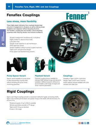 52
Specialist Technical Centres
Know-How
Power
Transmission
Fenaflex Tyre, Rigid, HRC and Jaw Couplings
Fenaflex Couplings
Less stress, more flexibility
These highly elastic lubrication-free couplings tolerate large
amounts of misalignment in all planes as well as offering simple
installation and inspection without disrupting the drive.
The Fenaflex®
coupling also has excellent shock absorbing
properties while reducing vibration and torsional oscillations.
nn Accepts misalignment simultaneously in all planes
nn Highly resilient to absorb shock loads
nn Lubrication-free
nn Sample visual inspection to aid maintenance
nn ATEX approved variant
nn Simple installation without moving coupled machines
nn Taper Lock®
and pilot bore flanges
nn Pump spacer and flywheel fixing variants
Rigid Couplings
Taper Lock®
Rigid couplings provide a convenient method of rigidly connecting shafts.
Taper Lock®
bushes permit easier and quicker fixing to the shafts with the firmness of a
shrunk-on fit.
nn Peripheral speeds of up to 33m/s available
nn Vertical assemblies possible in FF design
nn Taper Lock® fixing as standard
nn 8 sizes in the range
Couplings
Available in Taper Lock® or pilot bore
flanges. Taper Lock® have a massive
torque capacity and are available with a fire
resistant, anti-static tyre.
Pump Spacer Variant
Spacer variant available for pump drives
to allow disassembly of pump shaft
without disturbing the prime mover,
minimising downtime.
Flywheel Variant
Flywheel coupling version available for
standard SAE flywheel fixings and elements
available in different dynamic stiffness’s to
accommodate a wide range of engine and
driven machine parameters.
 