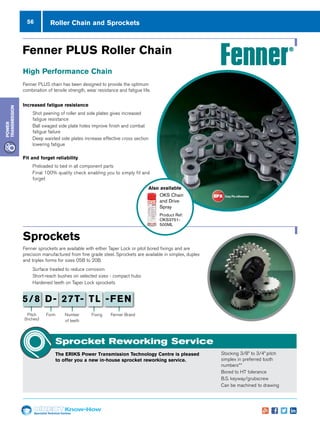 56
Specialist Technical Centres
Know-How
Power
Transmission
Sprockets
Fenner sprockets are available with either Taper Lock or pilot bored fixings and are
precision manufactured from fine grade steel. Sprockets are available in simplex, duplex
and triplex forms for sizes 05B to 20B.
nn Surface treated to reduce corrosion
nn Short-reach bushes on selected sizes - compact hubs
nn Hardened teeth on Taper Lock sprockets
Roller Chain and Sprockets
Fenner PLUS Roller Chain
High Performance Chain
Fenner PLUS chain has been designed to provide the optimum
combination of tensile strength, wear resistance and fatigue life.
Increased fatigue resistance
nn Shot peening of roller and side plates gives increased
fatigue resistance
nn Ball swaged side plate holes improve finish and combat
fatigue failure
nn Deep waisted side plates increase effective cross section
lowering fatigue
Fit and forget reliability
nn Preloaded to bed in all component parts
nn Final 100% quality check enabling you to simply fit and
forget
OKS Chain
and Drive
Spray
Product Ref:
OKS3751-
500ML
Also available
Sprocket Reworking Service
The ERIKS Power Transmission Technology Centre is pleased
to offer you a new in-house sprocket reworking service.
nn Stocking 3/8” to 3/4” pitch
simplex in preferred tooth
numbers**
nn Bored to H7 tolerance
nn B.S. keyway/grubscrew
nn Can be machined to drawing
Number
of teeth
Pitch
(Inches)
FixingForm Fenner Brand
5/8 D- 27T- TL -FEN
 