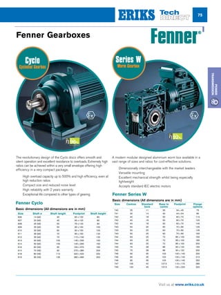 75
Visit us at www.eriks.co.uk
Power
Transmission
Fenner Cyclo
Basic dimensions (All dimensions are in mm)
Size	 Shaft ø	 Shaft length	 Footprint	 Shaft height
606	 14 (k6)	 30	 60 x 120	 80
607	 20 (k6)	 40	 60 x 120	 80
608	 25 (k6)	 50	 75 x 120	 90
609	 25 (k6)	 50	 90 x 150	 100
610	 30 (k6)	 60	 90 x 150	 100
611	 35 (k6)	 70	 90 x 150	 120
612	 35 (k6)	 70	 115 x 190	 120
613	 50 (k6)	 100	 145 x 290	 150
614	 50 (k6)	 100	 145 x 290	 150
616	 60 (h6)	 90	 150 x 370	 160
614	 70 (h6)	 90	 275 x 380	 200
618	 80 (h6)	 110	 320 x 420	 220
619	 95 (h6)	 135	 380 x 480	 250
Fenner Series W
Basic dimensions (All dimensions are in mm)
Size	Centres	 Standard	 Base to	 Footprint	 Flange
		 bore	centre		 options
740	 25	 11	 35	 34 x 45	 75
741	 30 	 14 	 40 	 44 x 54 	 80
742	 40 	 18 	 50 	 60 x 70 	 110
742	 40 	 18 	 50 	 60 x 70 	 120
742	 40 	 18 	 50 	 60 x 70 	 140
743 	 50 	 25 	 60 	 70 x 80 	 125
743 	 50 	 25 	 60 	 70 x 80 	 145
743 	 50 	 25 	 60 	 70 x 80 	 160
744 	 63 	 25 	 72 	 85 x 100 	 160
744 	 63 	 25 	 72 	 85 x 100 	 180
744 	 63 	 25 	 72 	 85 x 100 	 200
745 	 75 	 28 	 86 	 90 x 120 	 160
745 	 75 	 28 	 86 	 90 x 120 	 200
746 	 90 	 35 	 103 	 100 x 140 	 200
746 	 90 	 35 	 103 	 100 x 140 	 210
746 	 90 	 35 	 103 	 100 x 140 	 250
747 	 105 	 42 	 127.5 	 115 x 170 	 280
749 	 130 	 45 	 147.5 	 120 x 200 	 320
A modern modular designed aluminium worm box available in a
vast range of sizes and ratios for cost-effective solutions.
nn Dimensionally interchangeable with the market leaders
nn Versatile mounting
nn Excellent mechanical strength whilst being especially
lightweight
nn Accepts standard IEC electric motors
The revolutionary design of the Cyclo discs offers smooth and
silent operation and excellent resistance to overloads. Extremely high
ratios can be achieved within a very small envelope offering high
efficiency in a very compact package.
nn High overload capacity up to 500% and high efficiency, even at
high reduction ratios
nn Compact size and reduced noise level
nn High reliability with 2 years warranty
nn Exceptional life compared to other types of gearing
Cyclo
Cyclodial Gearbox
Series W
Worm Gearbox
Fenner Gearboxes
 