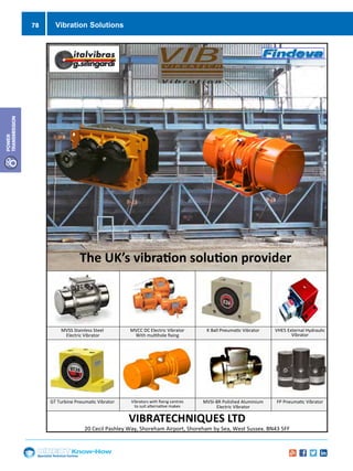 78
Specialist Technical Centres
Know-How
Power
Transmission
MVSS Stainless Steel
Electric Vibrator
MVCC DC Electric Vibrator
it lole in
 all neac Vibrator VHE5 Eternal Hydralic
Vibrator
 rbine neac Vibrator Vibrators wit in centres
to sit alternae aes
MVSI-R olised Alini
Electric Vibrator
 neac Vibrator
VIBRATECHNIQUES LTD
20 Cecil asley ay, Sorea Airport, Sorea by Sea, est Ssse. N43 5
elepone: 01274 430977 a: 01273 430978
Eail: sales@ibtec.co eb: www.ibtec.co
T U   
78 Vibration Solutions
 