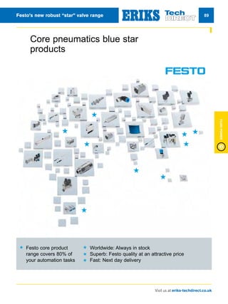 Visit us at eriks-techdirect.co.uk
FluidPower
89Festo’s new robust “star” valve range
Core pneumatics blue star
products
Festo core product
range covers 80% of
your automation tasks
Worldwide: Always in stock
Superb: Festo quality at an attractive price
Fast: Next day delivery
 