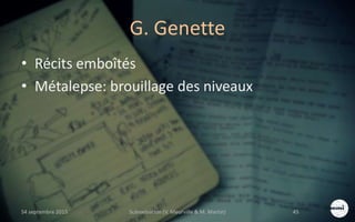 G. Genette
• Récits emboîtés
• Métalepse: brouillage des niveaux
S4 septembre 2015 Scénarisation (V. Meurville & M. Martin) 45
 