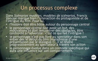 Un processus complexe
Dans Scénarios modèles, modèles de scénarios, Francis
Vanoye marque bien l’interaction du protagoniste et de
l’intrigue du film. Pour lui,
• l’histoire doit être bâtie autour du personnage central
• le personnage central doit avoir un but, des
motivations et doit rencontrer des obstacles, être
confronté à l’adversité : c’est ce qui fait l’intrigue !
• le personnage n’est pas livré au spectateur dans son
entier dès le début du film (maladresse d’une
présentation par le dialogue !) ; il se révèle
progressivement au spectateur à travers son action
• le personnage évolue dans un contexte spécifique qui
aura une influence sur son comportement.
S4 septembre 2015 Scénarisation (V. Meurville & M. Martin) 54
 