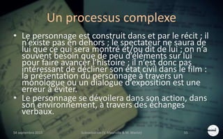 Un processus complexe
• Le personnage est construit dans et par le récit ; il
n’existe pas en dehors ; le spectateur ne saura de
lui que ce qui sera montré et/ou dit de lui ; on n’a
souvent besoin que de peu d’éléments sur lui
pour faire avancer l’histoire ; il n’est donc pas
intéressant de décliner son état civil dans le film :
la présentation du personnage à travers un
monologue ou un dialogue d’exposition est une
erreur à éviter.
• Le personnage se dévoilera dans son action, dans
son environnement, à travers des échanges
verbaux.
S4 septembre 2015 Scénarisation (V. Meurville & M. Martin) 55
 