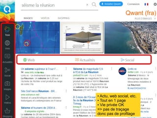 2019-2020 - UE Culture Numérique – UFR Sciences et Technologies19
La recherche d'info à l'ère numérique #1
Qwant (fra)
● Actu, web social, etc.
● Tout en 1 page
● Vie privée OK
=> pas de traçage
donc pas de profilage
 
