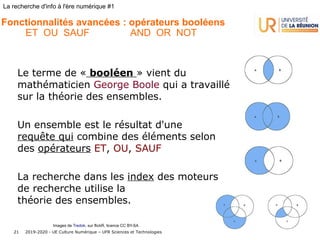 2019-2020 - UE Culture Numérique – UFR Sciences et Technologies21
La recherche d'info à l'ère numérique #1
Le terme de « booléen » vient du
mathématicien George Boole qui a travaillé
sur la théorie des ensembles.
Un ensemble est le résultat d'une
requête qui combine des éléments selon
des opérateurs ET, OU, SAUF
La recherche dans les index des moteurs
de recherche utilise la
théorie des ensembles.
Fonctionnalités avancées : opérateurs booléens
ET OU SAUF AND OR NOT
Images de Tredok, sur flickR, licence CC BY-SA
 