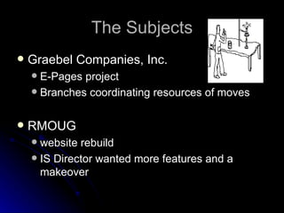 The Subjects Graebel Companies, Inc. E-Pages project Branches coordinating resources of moves RMOUG website rebuild IS Director wanted more features and a makeover 