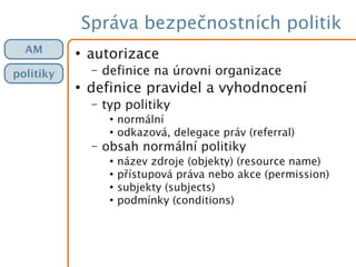 Správa bezpečnostních politik
●
autorizace
– definice na úrovni organizace
●
definice pravidel a vyhodnocení
– typ politiky
●
normální
●
odkazová, delegace práv (referral)
– obsah normální politiky
●
název zdroje (objekty) (resource name)
●
přístupová práva nebo akce (permission)
●
subjekty (subjects)
●
podmínky (conditions)
AM
politiky
 