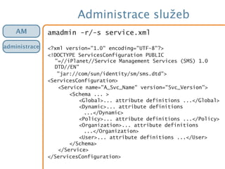 Administrace služeb
amadmin -r/-s service.xml
<?xml version="1.0" encoding="UTF-8"?>
<!DOCTYPE ServicesConfiguration PUBLIC
"=//iPlanet//Service Management Services (SMS) 1.0
DTD//EN"
"jar://com/sun/identity/sm/sms.dtd">
<ServicesConfiguration>
<Service name="A_Svc_Name" version="Svc_Version">
<Schema ... >
<Global>... attribute definitions ...</Global>
<Dynamic>... attribute definitions
...</Dynamic>
<Policy>... attribute definitions ...</Policy>
<Organization>... attribute definitions
...</Organization>
<User>... attribute definitions ...</User>
</Schema>
</Service>
</ServicesConfiguration>
AM
administrace
 