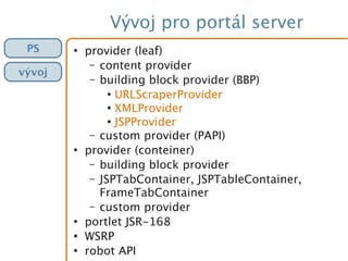 Vývoj pro portál server
●
provider (leaf)
– content provider
– building block provider (BBP)
●
URLScraperProvider
●
XMLProvider
●
JSPProvider
– custom provider (PAPI)
●
provider (conteiner)
– building block provider
– JSPTabContainer, JSPTableContainer,
FrameTabContainer
– custom provider
●
portlet JSR-168
●
WSRP
●
robot API
PS
vývoj
 