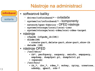 13
Nástroje na administraci
infiniband
solaris
● softwarové balíky
– driver/infiniband/* - ovladače
– system/io/infiniband/* - komponenty
– network/open-fabrics - OFED nástroje
– system/storage/iscsi/iscsi-iser
– system/storage/scsi-rdma/scsi-rdma-target
● nástroje
– cfgadm (cfgadm_ib(1M))
– dladm(1M)
● create-part,delete-part,show-part,show-ib
– datadm (1M)
● nástroje OFED
– /usr/sbin/
● ib*, perfquery, saquery, sminfo, smpquery,
smpdump, dump2psl.pl, dump2slvl.pl
● (opensm)
– /usr/bin/
● ib_*, ibv_*, rdma_*, mckey, rping, ucmatose,
udaddy, qperf, rds-*
 