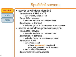 31
Spuštění serveru
● server ve windows doméně
1) nastavení KRB5 + NTP
● /etc/krb5/krb5.conf
2) spuštění serveru
● svcadm enable -r smb/server
3) připojení k doméně
● smbadm join -u username domain-name
● server ve windows pracovní skupině
1) spuštění serveru
● svcadm enable -r smb/server
2) připojení k doméně
● smbadm join -w workgroup-name
3) nastavit PAM
● /etc/pam.conf
● other password required
pam_smb_passwd.so.1 nowarn
● /var/smb/smbpasswd
4) přenastavit všechna hesla
úložiště
NAS
SMB
 