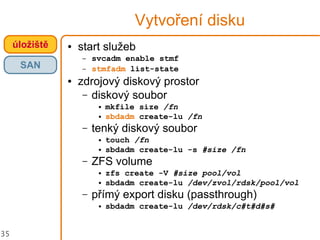 35
Vytvoření disku
úložiště
SAN
● start služeb
– svcadm enable stmf
– stmfadm list-state
● zdrojový diskový prostor
– diskový soubor
● mkfile size /fn
● sbdadm create-lu /fn
– tenký diskový soubor
● touch /fn
● sbdadm create-lu -s #size /fn
– ZFS volume
● zfs create -V #size pool/vol
● sbdadm create-lu /dev/zvol/rdsk/pool/vol
– přímý export disku (passthrough)
● sbdadm create-lu /dev/rdsk/c#t#d#s#
 