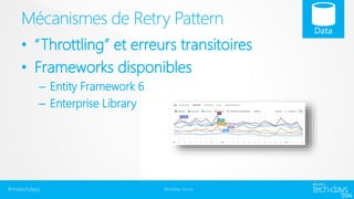 Mécanismes de Retry Pattern 
• “Throttling” et erreurs transitoires 
• Frameworks disponibles 
– Entity Framework 6 
– Enterprise Library 
#mstechdays Windows Azure 
 