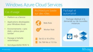 Windows Azure Cloud Services 
#mstechdays Windows Azure 
Package déployé à la 
demande sur de nouvelles 
instances 
 