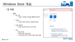 Windows Store 개요
• 앱 제출
• 설명
• 앱 기능
• 지원 / 미지원 기능을 명확하게 명시
• 키워드
• 스토어 검색 키워드 (최대한 작성)
• 지원 연락처
• 리뷰 피드백 작성시 요구사항
• 기타
• 웹 사이트
• 저작권 및 상표 정보
• 추가사용 조건 및 개인 정보 취급 방침
 