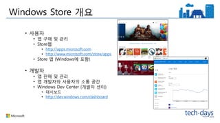 Windows Store 개요
• 사용자
• 앱 구매 및 관리
• Store웹
• http://apps.microsoft.com
• http://www.microsoft.com/store/apps
• Store 앱 (Windows에 포함)
• 개발자
• 앱 판매 및 관리
• 앱 개발자와 사용자의 소통 공간
• Windows Dev Center (개발자 센터)
• 대시보드
• http://dev.windows.com/dashboard
 