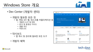 Windows Store 개요
• Dev Center (개발자 센터)
• 개발의 필요한 모든 것
• 앱, 게임, IoT, 웹, 데스크톱 어플리케이션 등
• 개발자 도구 및 SDK
• 문서 및 동영상 가이드
• 샘플 코드
• 커뮤니티
• 대시보드
• 앱 게시 및 관리에 필요한 모든 도구
• 개발자 혜택
 
