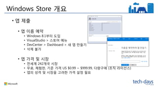 Windows Store 개요
• 앱 제출
• 앱 이름 예약
• Windows 8.1부터 도입
• VisualStudio > 스토어 메뉴
• DevCenter > Dashboard > 새 앱 만들기
• 삭제 불가
• 앱 가격 및 시장
• 전세계 242개국 시장
• 무료, 체험판, 기준 가격 US $0.99 ~ $999.99, 다량구매 (조직 라이선스)
• 앱의 성격 및 시장을 고려한 가격 설정 필요
 