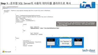{
"name": "CopyUsersDataPipeline",
"properties":
{
"description" : "Pipeline to copy regional campaign data from on-prem SQL server to BlobStore)",
"activities":
[
{
"name": "CopyRegionalCampaignDataFromOnprem",
"description": "Copy the Regional data from on-prem SQL server to BlobStore",
"type": "CopyActivity",
"inputs": [ {"name": "NewUsers"} ],
"outputs": [ {"name": "CloudNewUsers"} ],
"transformation":
{
"source":
{
"type": "SqlSource",
"SqlReaderQuery": "select * from dbo.RefHaloUsersTable "
},
"sink":
{
"type": "BlobSink",
"writeBatchSize": 1000000,
}
},
"Policy":
{
"concurrency": 1,
"executionPriorityOrder": "NewestFirst",
"style": "StartOfInterval",
"retry": 0,
"timeout": "01:00:00"
}
}
]
}
}
"$$Text.Format('select * from dbo.RefHaloUsersTable where Timestamp
>= '{0:yyyy-MM-dd}' AND Timestamp < '{1:yyyy-MM-dd}'',
SliceStart, SliceEnd)"
Step 1 : 온프렘 SQL Server의 사용자 데이터를 클라우드로 복사
 