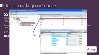 Calcule différents indicateurs : nombre, longueur, % valeurs null …
Permettant d’identifier les données isolées qui pourraient potentiellement être erronées.
Permet donc d’identifier les problèmes potentiels avec la qualité des données et de connaître les
caractéristiques des données transitées
Qualité des données, Profiling
 