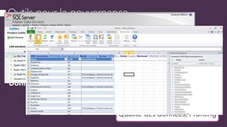 Permet une gestion centralisée et une fédération des données de référence ainsi que le maintien de leur
bonne qualité par la mise en place de règles de qualité des données et de flux d’approbation des
nouvelles données
Qualité des données, Profiling
Inventaire, Cartographie
 