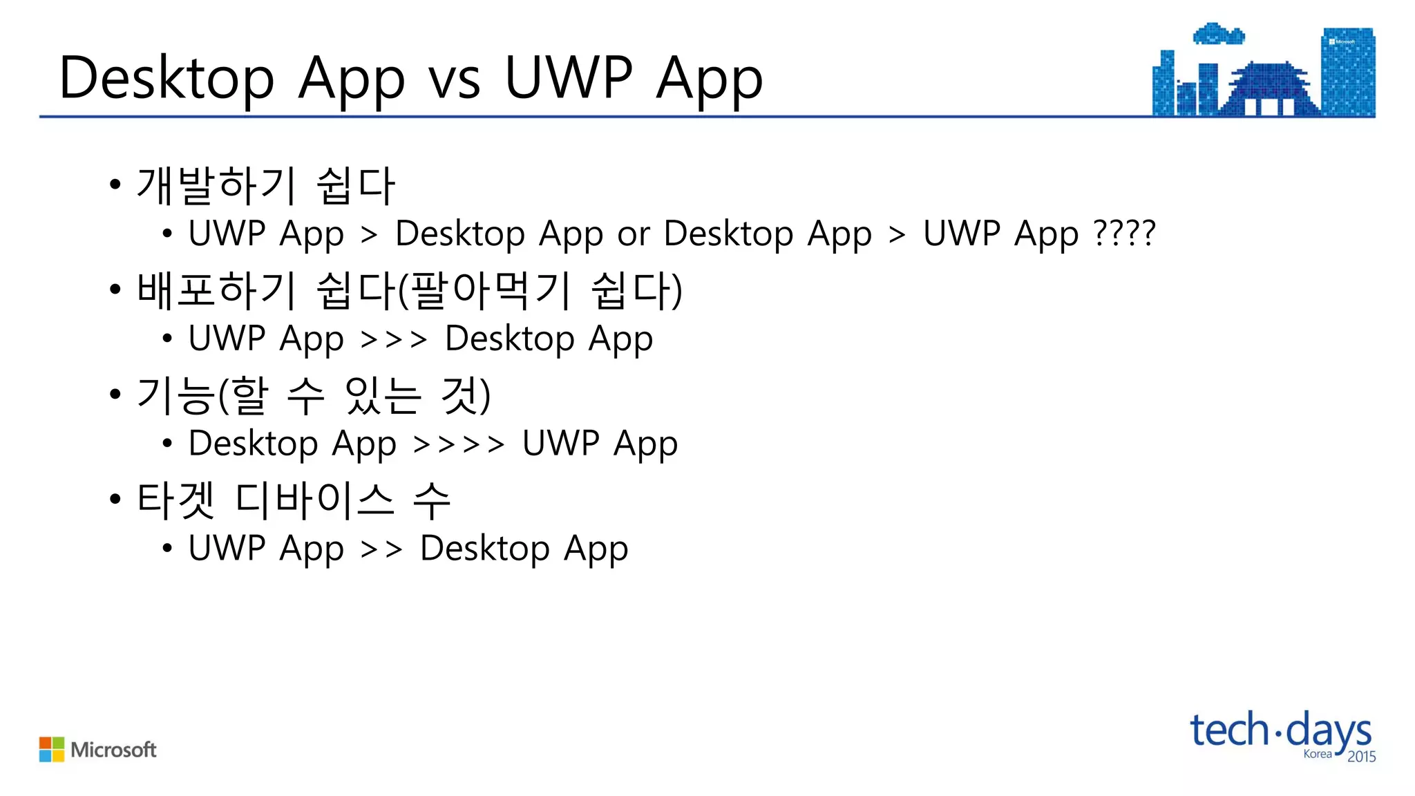 Desktop App vs UWP App
• 개발하기 쉽다
• UWP App > Desktop App or Desktop App > UWP App ????
• 배포하기 쉽다(팔아먹기 쉽다)
• UWP App >>> Desktop App
• 기능(할 수 있는 것)
• Desktop App >>>> UWP App
• 타겟 디바이스 수
• UWP App >> Desktop App
 