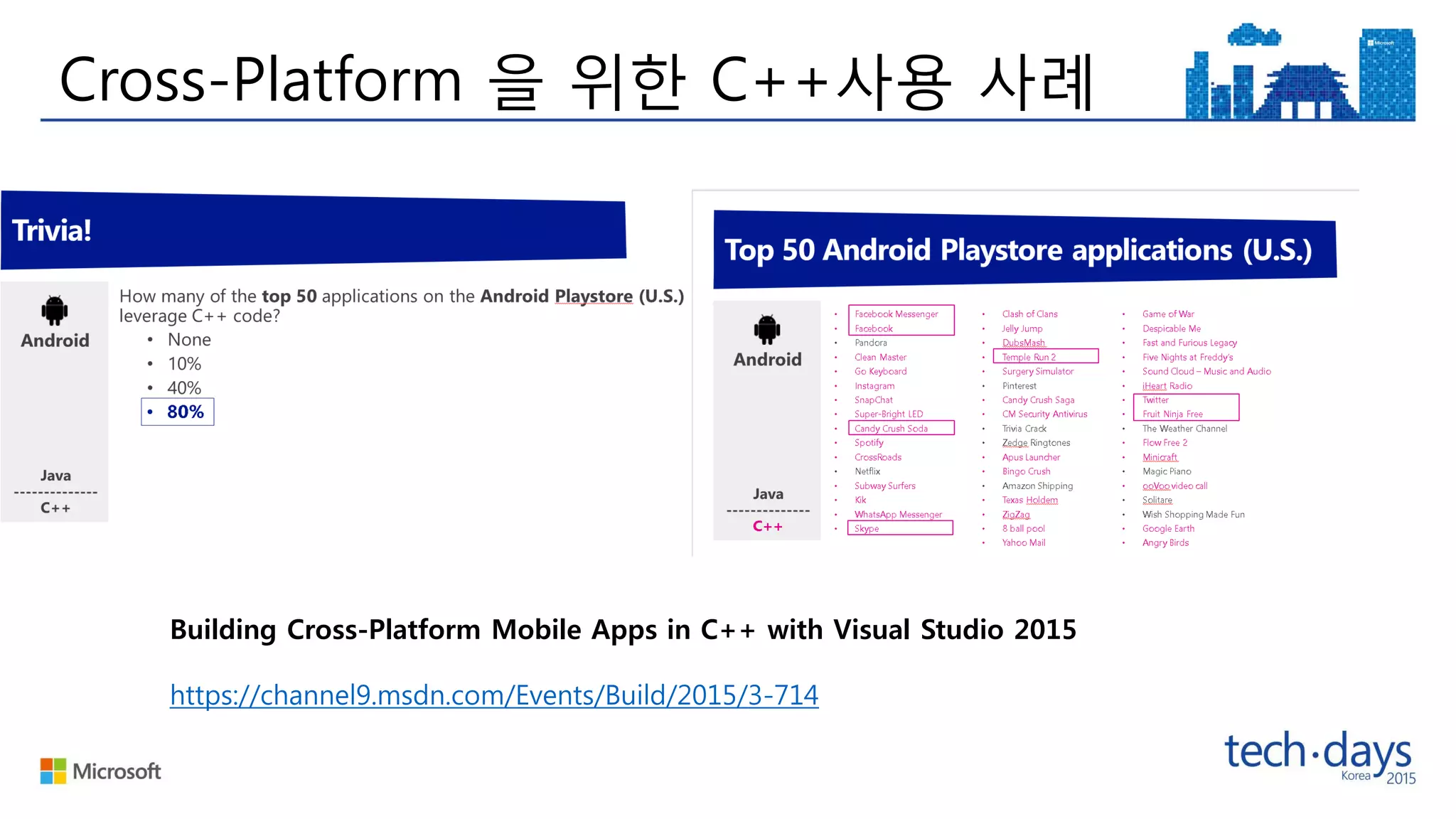 Cross-Platform 을 위한 C++사용 사례
Building Cross-Platform Mobile Apps in C++ with Visual Studio 2015
https://channel9.msdn.com/Events/Build/2015/3-714
 
