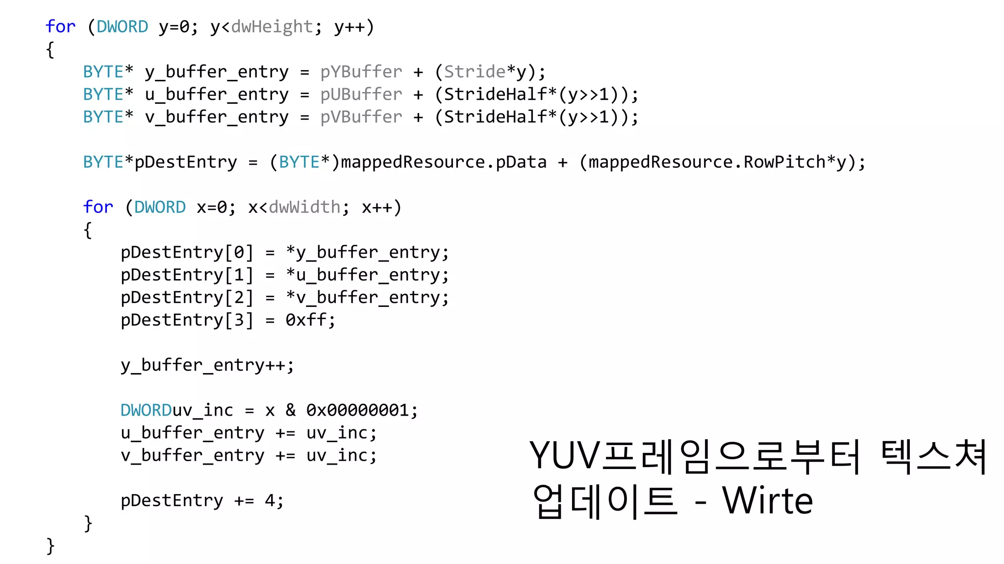 for (DWORD y=0; y<dwHeight; y++)
{
BYTE* y_buffer_entry = pYBuffer + (Stride*y);
BYTE* u_buffer_entry = pUBuffer + (StrideHalf*(y>>1));
BYTE* v_buffer_entry = pVBuffer + (StrideHalf*(y>>1));
BYTE*pDestEntry = (BYTE*)mappedResource.pData + (mappedResource.RowPitch*y);
for (DWORD x=0; x<dwWidth; x++)
{
pDestEntry[0] = *y_buffer_entry;
pDestEntry[1] = *u_buffer_entry;
pDestEntry[2] = *v_buffer_entry;
pDestEntry[3] = 0xff;
y_buffer_entry++;
DWORDuv_inc = x & 0x00000001;
u_buffer_entry += uv_inc;
v_buffer_entry += uv_inc;
pDestEntry += 4;
}
}
YUV프레임으로부터 텍스쳐
업데이트 - Wirte
 