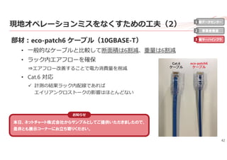 42
現地オペレーションミスをなくすための⼯夫（2）
部材：eco-patch6 ケーブル（10GBASE-T）
• ⼀般的なケーブルと⽐較して断⾯積は6割減、重量は6割減
• ラック内エアフローを確保
⇒エアフロー改善することで電⼒消費量を削減
• Cat.6 対応
 計測の結果ラック内配線であれば
エイリアンクロストークの影響はほとんどない
新データセンター
事業者最適
新サーバインフラ
1
2
3
本日、ネットチャート株式会社からサンプルとしてご提供いただきましたので、
是非とも展示コーナーにお立ち寄りください。
eco-patch6
ケーブル
Cat.6
ケーブル
お知らせ
 