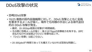 c Internet Initiative Japan Inc.
• 恐喝DDoS攻撃
• 10/25 複数の国内金融機関に対して、DDoS 攻撃とともに金銭
を要求するメールが届く。海外でも同様の手法による身代金目
的の DDoS 攻撃が発生。
• 最初、20-30Gbps程度の攻撃が1時間継続。
• その間に恐喝メールが届く：我々は1Tbpsの攻撃能力を有する。2BTC
支払わなければ翌週よりひどい攻撃を起こす。
• 「ひどい攻撃」は起こらない。
• 20-30Gpbsが1時間であっても備えていなければ深刻な問題に。
DDoS攻撃の状況
17
 
