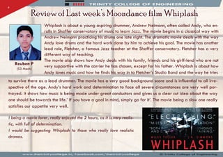 ■m i TRINITY COLLEGE OF ENGINEERING
Reuben P
(S3 Mech)
Review of Last week sMoondance film Whiplash
Whiplash is about a young aspiring drummer, Andrew Neimann, often called Andy, who en­
rolls in Shaffer conservatory of music to learn Jazz. The movie begins in a classical way with
Andrew Neimann practicing his drums one late night. The dramatic movie deals with the way
Andy love drums and the hard work done by him to achieve his goal. The movie has another
lead role, Fletcher, a famous Jazz teacher at the Shaffer conservatory. Fletcher has a very
different way of teaching.
The movie also shows how Andy deals with his family, friends and his girlfriend who are not
very supportive with the carrier he has chosen, except for his father. Whiplash is about how
Andy loves music and how he finds his way in to Fletcher’s Studio Band and the way he tries
to survive there as a lead drummer. The movie has a very good background score and is influential to all irre­
spective of the age. Andy’s hard work and determination to face all severe circumstances are very well por­
trayed. It shows how music is being made under great conductors and gives us a clear cut idea about the way
one should be towards the life.’ If you have a goal in mind, simply go for it’. The movie being a slow one really
satisfies our appetite very well.
A MUSCULAR AND ACCO M PLISHED W ORK OF KINETIC CINEM A
BUILT A RO U N D TW O TREM EN DO U S A C T IN G PERFORM ANCES."
I being a movie lover, really enjoyed the 2 hours, as it is very realis­
tic, with full of determination.
I would be suggesting Whiplash to those who really love realistic
dramas.
" E L E C
"MILES T4 ti
"BOTH INT’V - ^
AN D
M I L E S T E f l E R
# i N G "u f^LATIO N ."
1 '.LEN G IN G
T A I N I N G . "
J . K . S I M M O N S
WHIPLASHwww.thetrinitycol I eg e-in, facebook.com/ 1 liel rlni I y col lege © T r l n i 1”y r C o l l e g e o f E n g i n e e r i n g
 