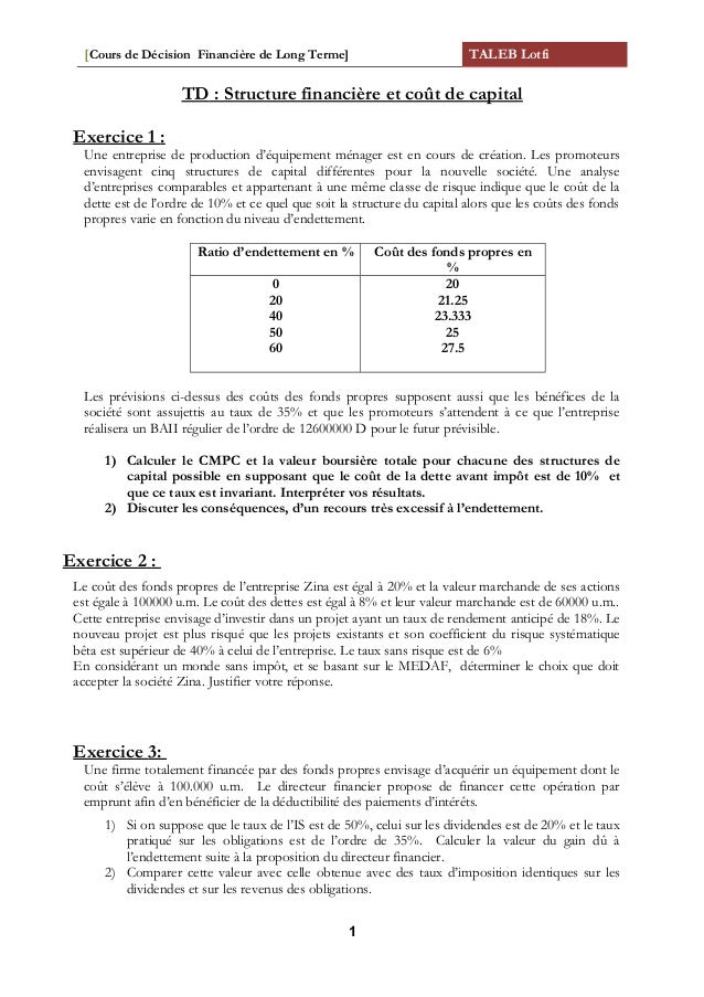 Serie D Exercices Structure Financiere Et Cout De Capital